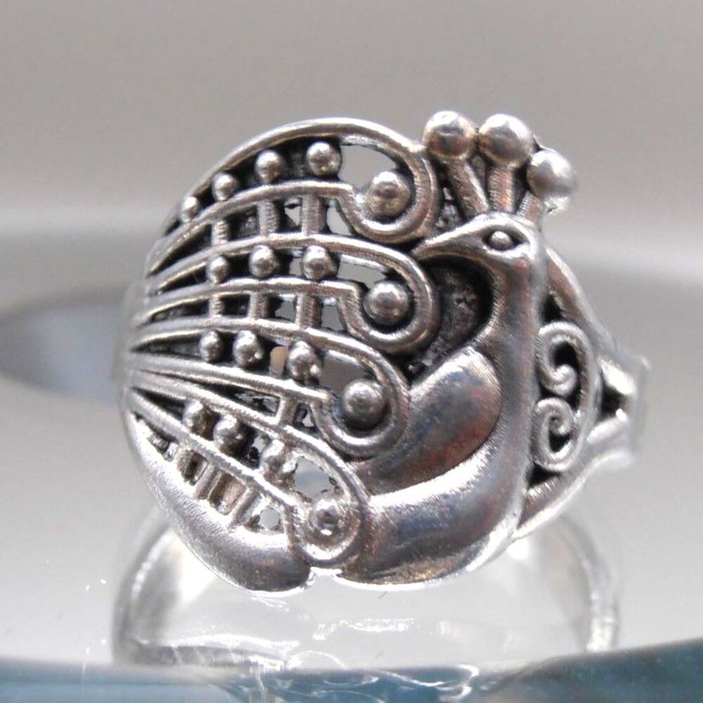 Vintage Antique Silver Tone Peacock Ring Sz. 6.5